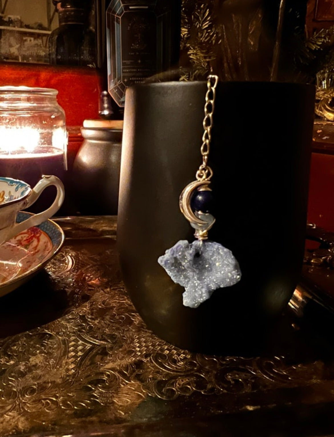 Druzy Crystal Tea Ball- Aqua Blue Aura Quartz Druzy Crystal, Lapis Lazuli and Aquamarine Beads, Mesh Tea Strainer